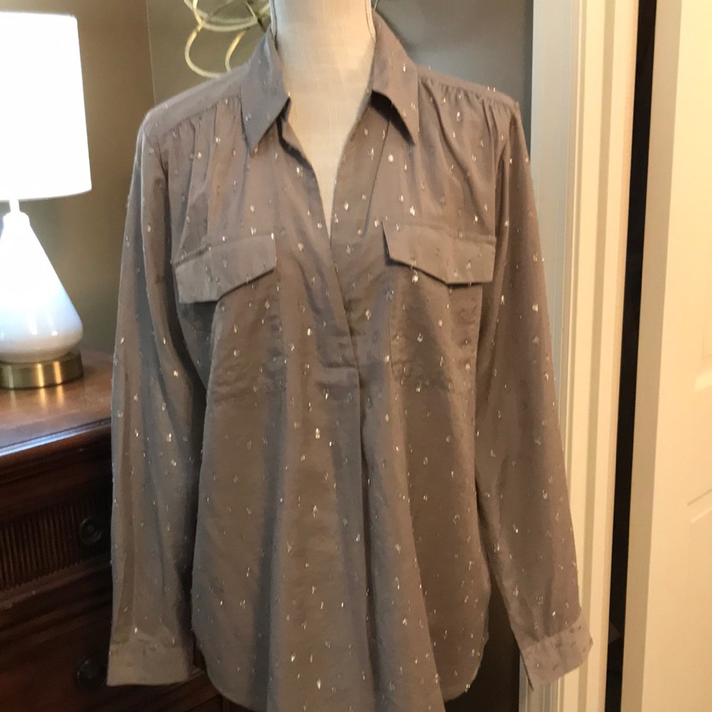 Large taupe blouse with understated sparkles.